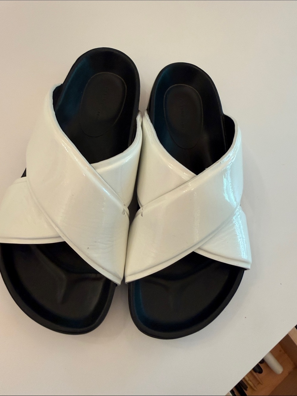 Celine White Cross-Strap Slide Mules with Black Footbed